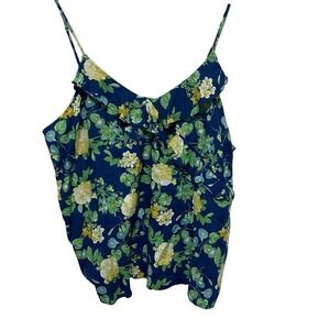 Old Navy Blouse Womens XXL Blue Floral Tank Top Linen Blend Ruffle Romantic